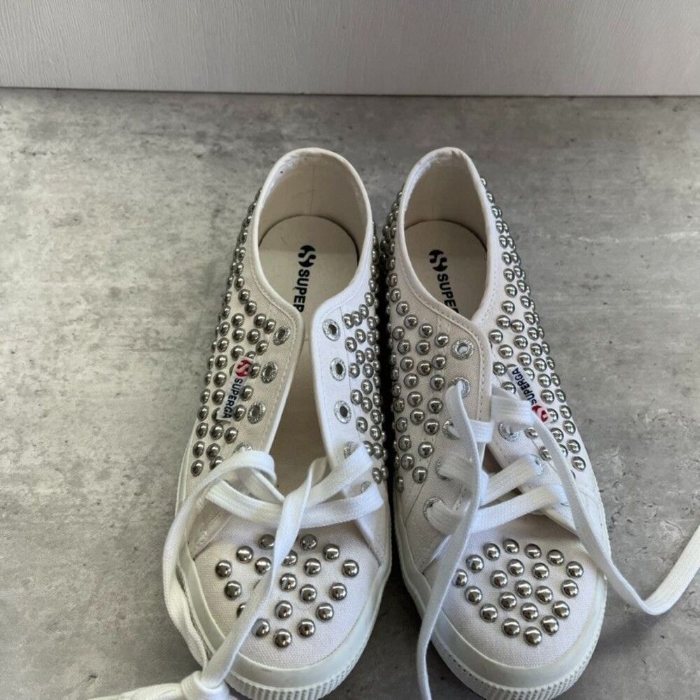 Superga Studded White Canvas Lace-Up Casual Sneaker Shoes Womens Size 7.5